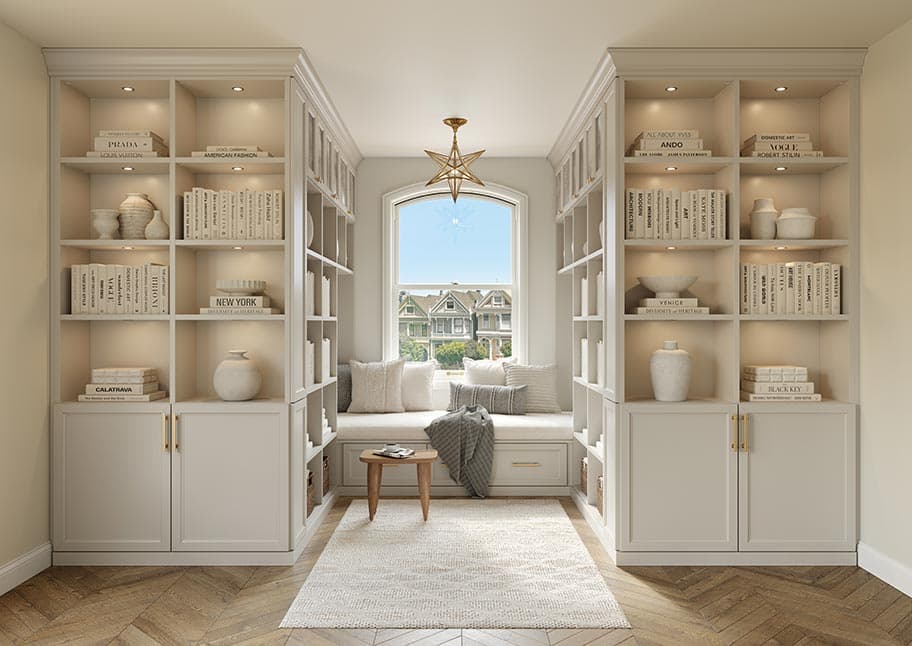 Estanterías de biblioteca con un diseño moderno para armario personalizado diseñado por California Closets
