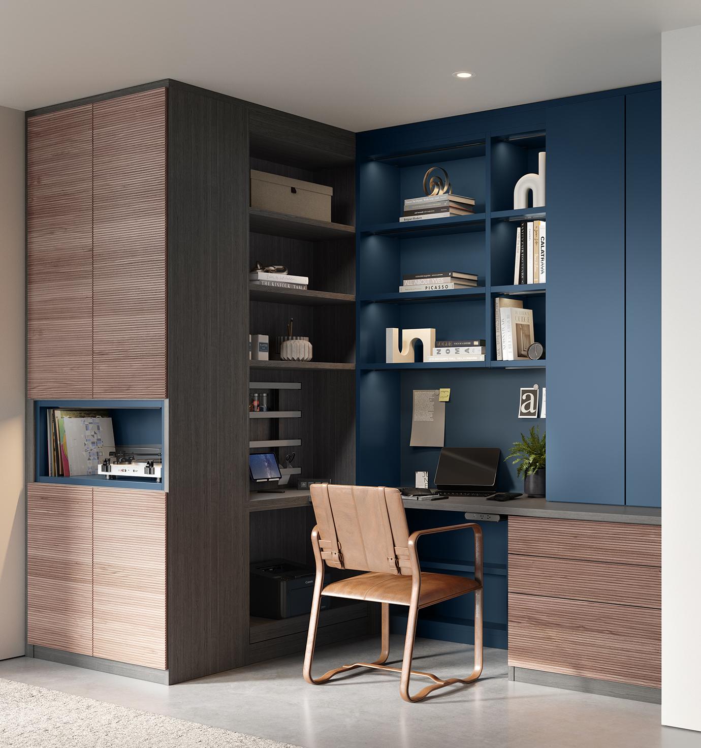 Estación de trabajo de oficina en casa en esquina con acabado en azul oscuro y madera natural de California Closets