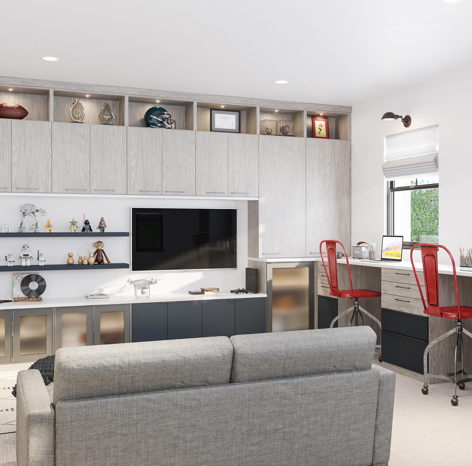 Espacio de trabajo familiar personalizado con centro de entretenimiento de California Closets