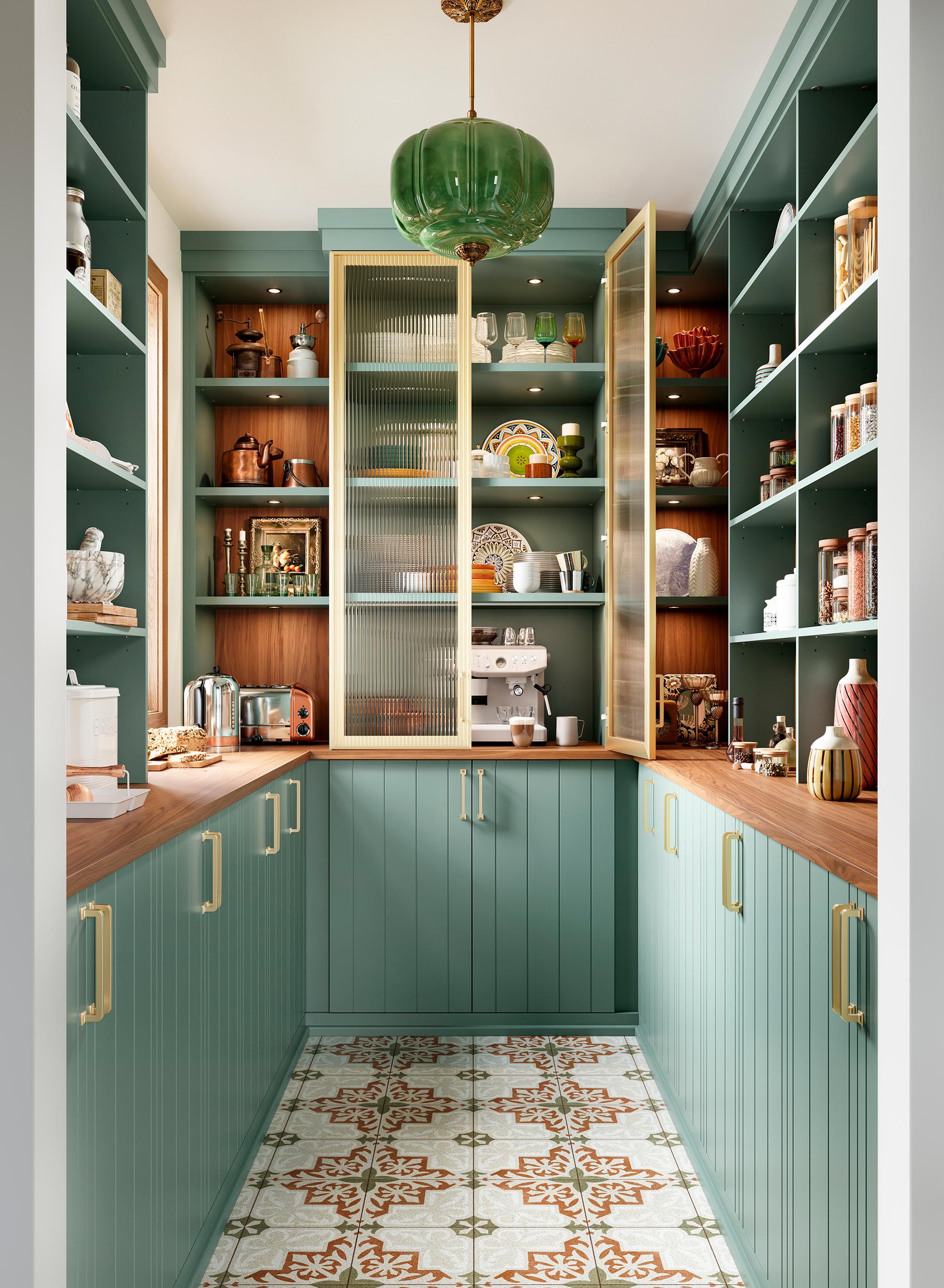 Acabado personalizado Desert Agave en una despensa de cocina de California Closets