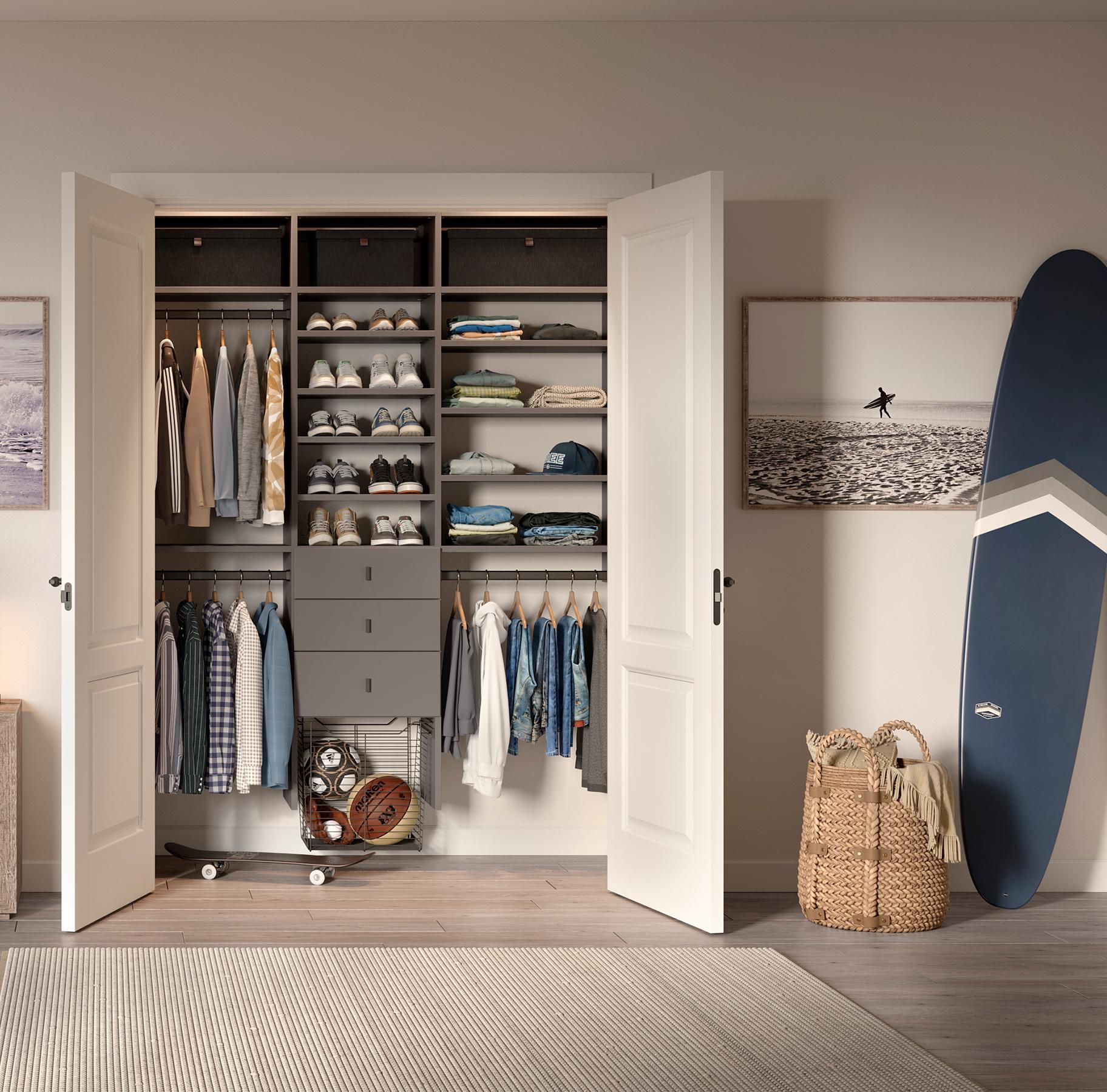 Custom teen reach in closet with fluted hanging poles California Closets