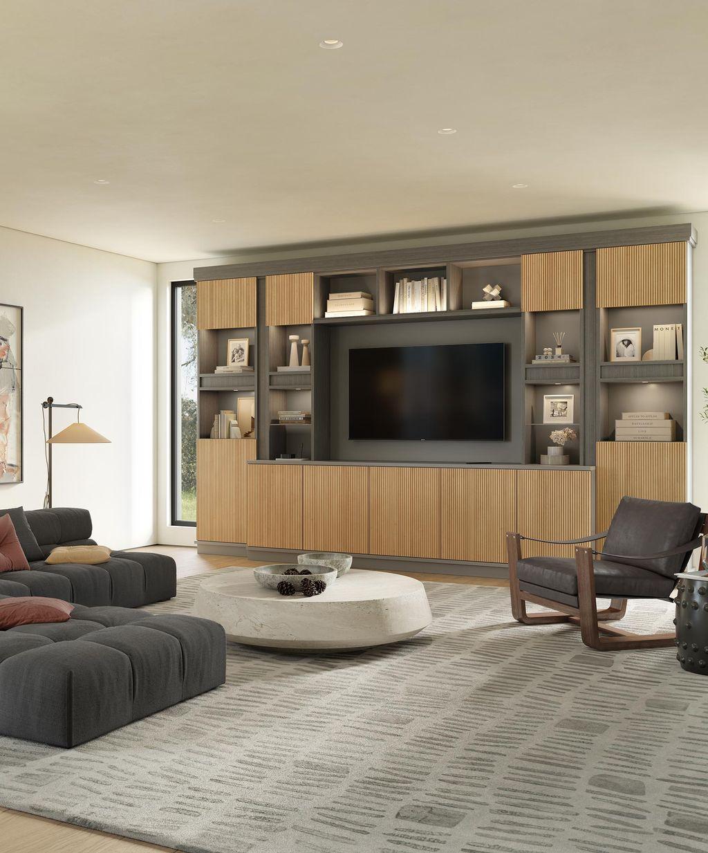 Centro de medios con estilo contemporáneo, gabinetes y estanterías de California Closets