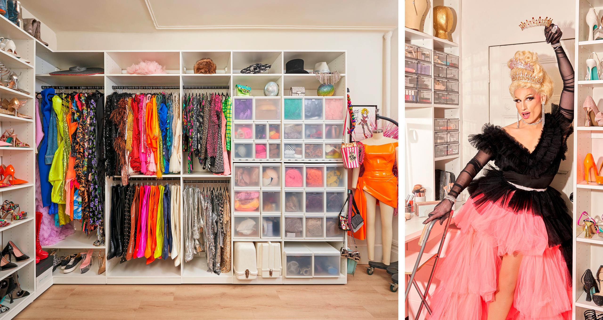 Split panel showing DD Fuego in a pink gown posing inside a vibrant, custom wardrobe system by California Closets.