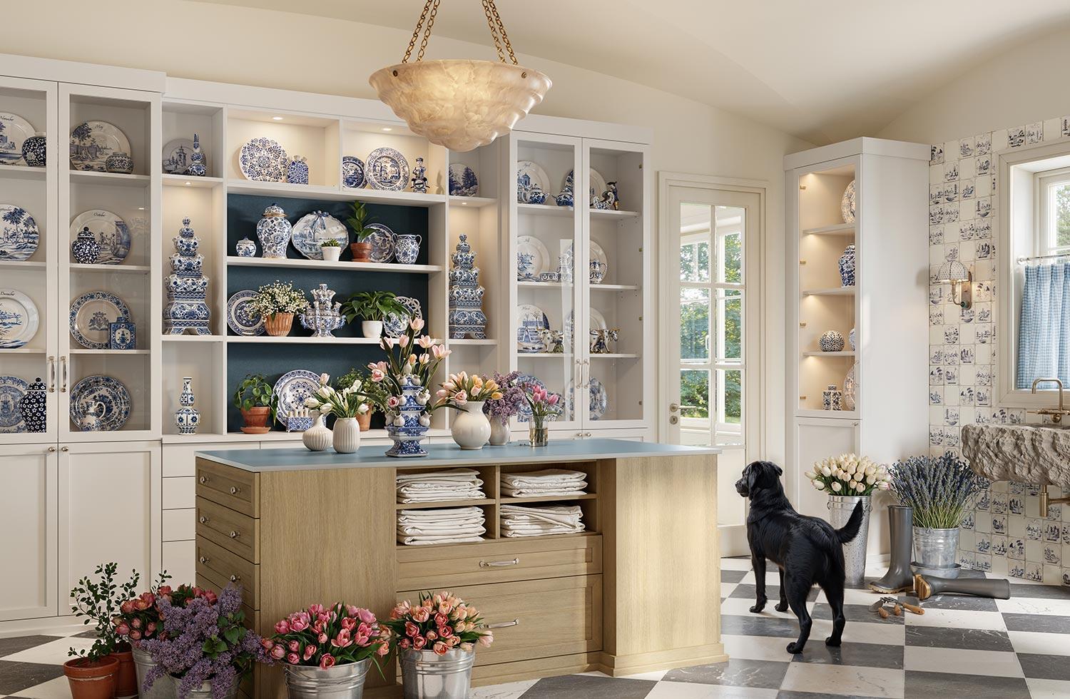 Ideas de despensa de cocina personalizadas con estanterías de almacenamiento e isla central de California Closets