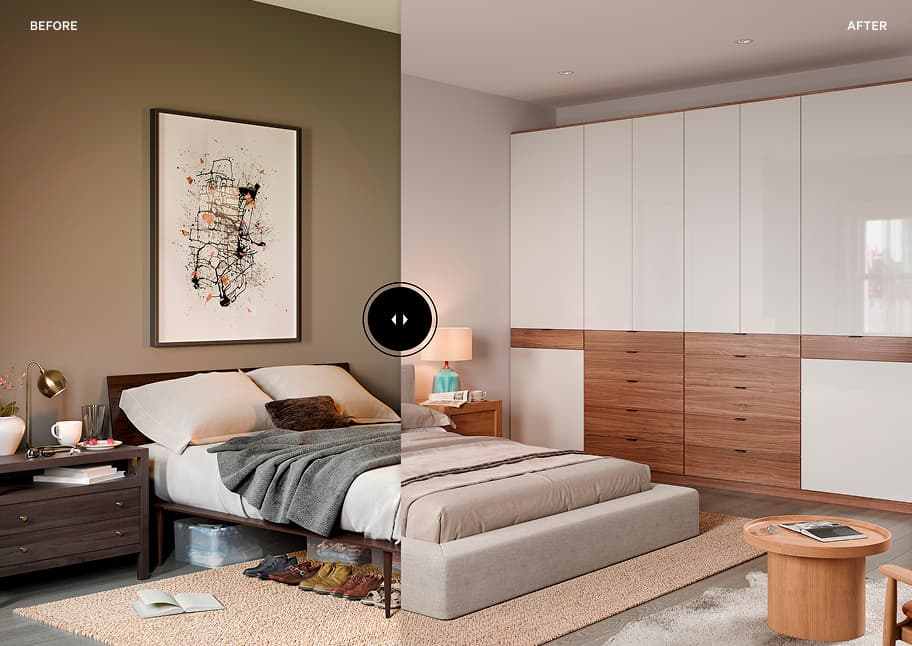 Vista dividida de antes y después de la transformación de un moderno armario de pared para dormitorio realizada por California Closets.