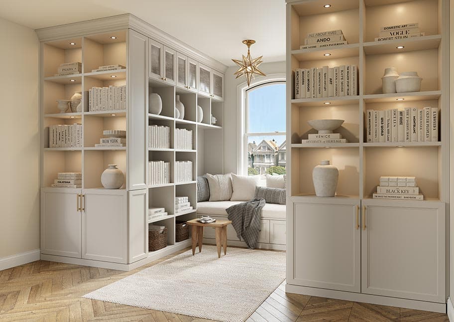 Acabado en madera clara para estanterías de diseño de suelo a techo California Closets