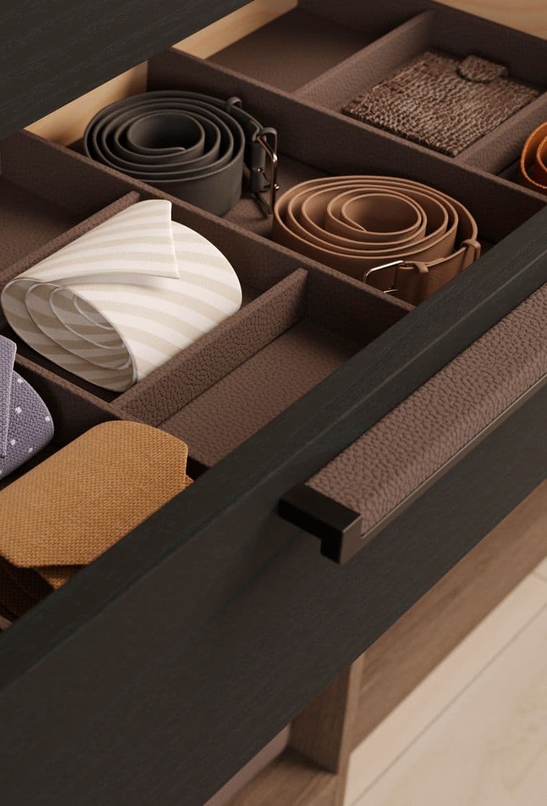 Cajón de armario personalizado diseñado con insertos para separar corbatas y cinturones por California Closets