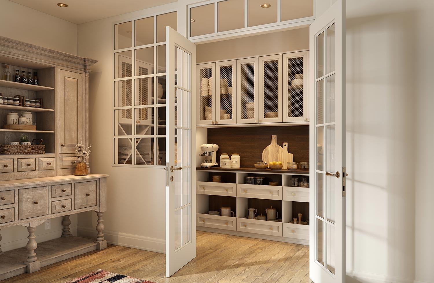Ideas de despensas con puertas de vidrio y cajones personalizados diseñados por California Closets