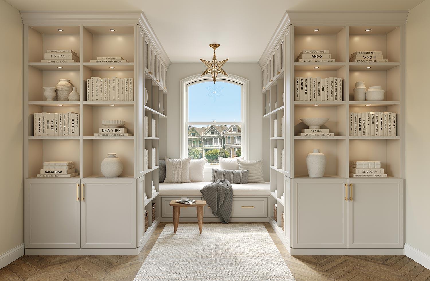 Diseño de librería en acabado blanco con asiento de banco de California Closets