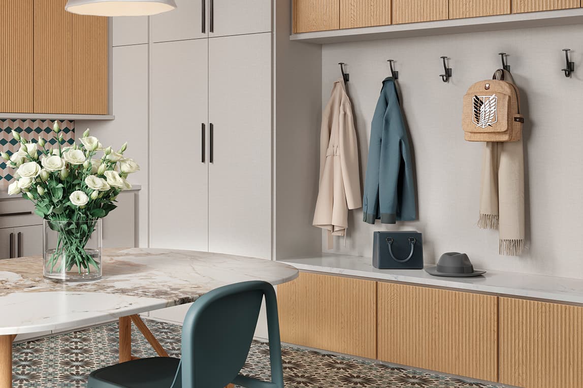 Lavadero hecho a medida con bancos utilitarios y mesa plegable de California Closets