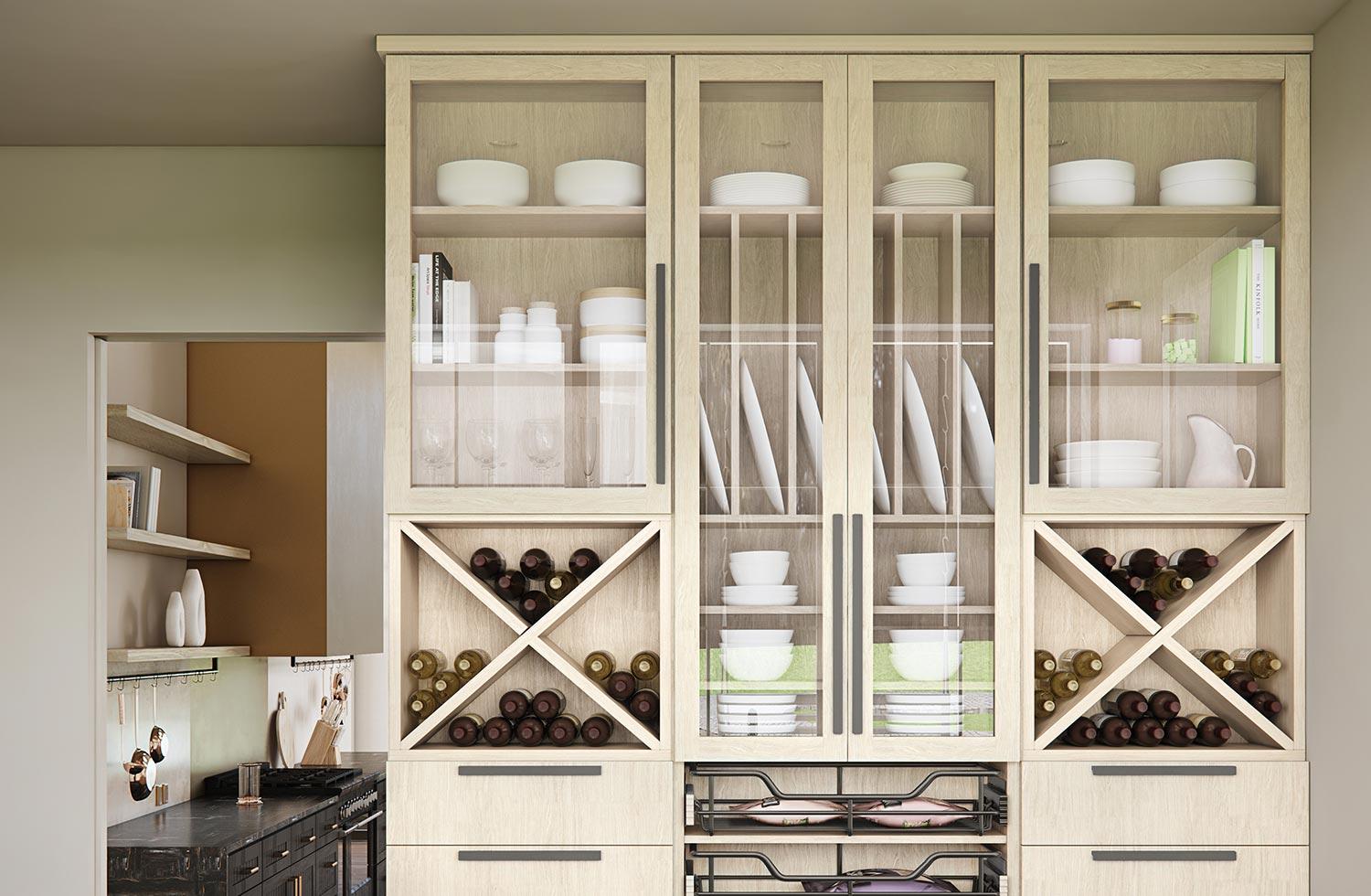 Diseño de despensa en cocina con vajilla, cubertería y bodega de vinos en acabado blanco roto de California Closets
