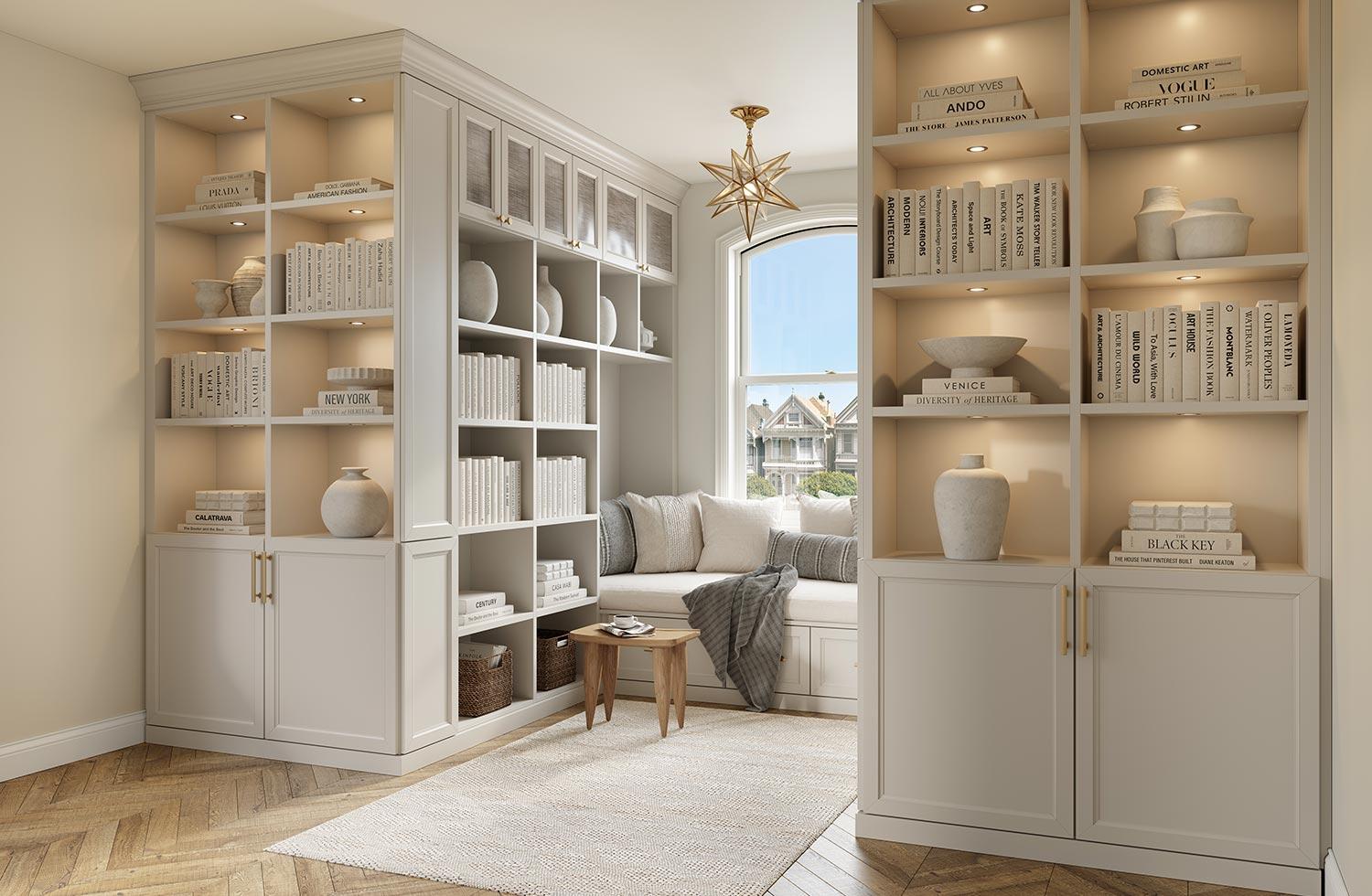 Rincón de lectura con estanterías personalizadas en acabado blanco de California Closets