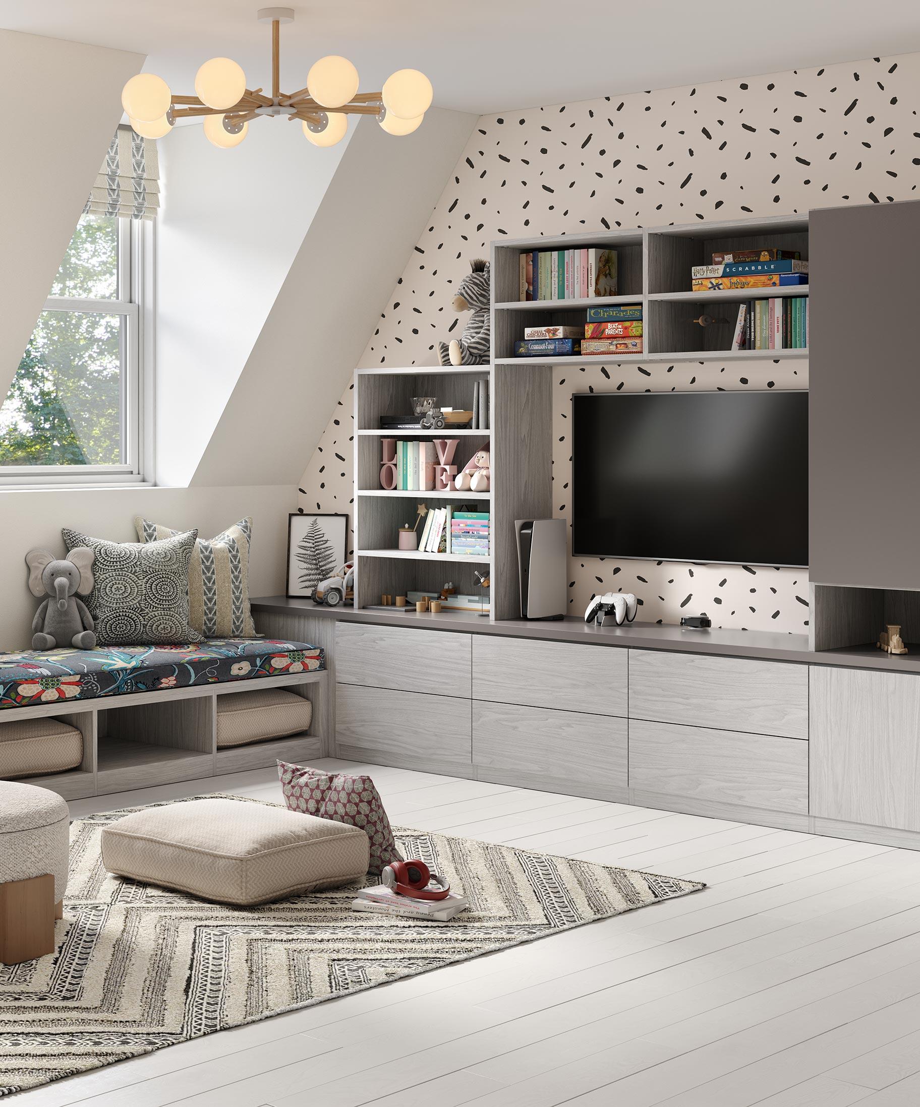 Attic room gets converted in to a kids playroom with benches and custom shelving by California Closets