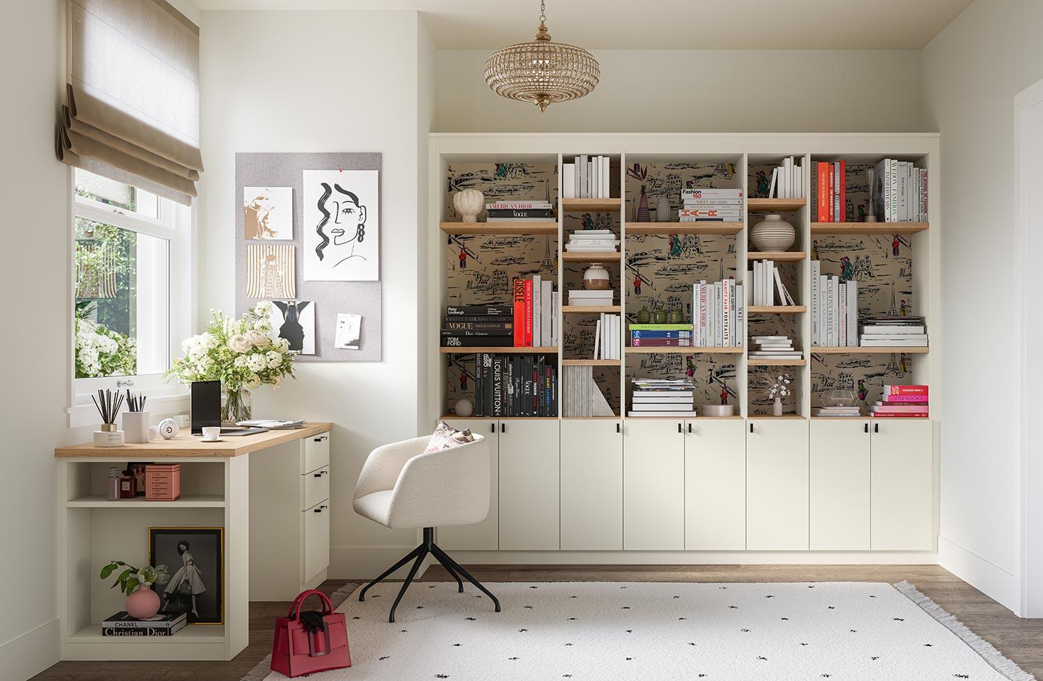 Oficina en casa personalizada con estanterías empotradas y organizador de armarios de California Closets.