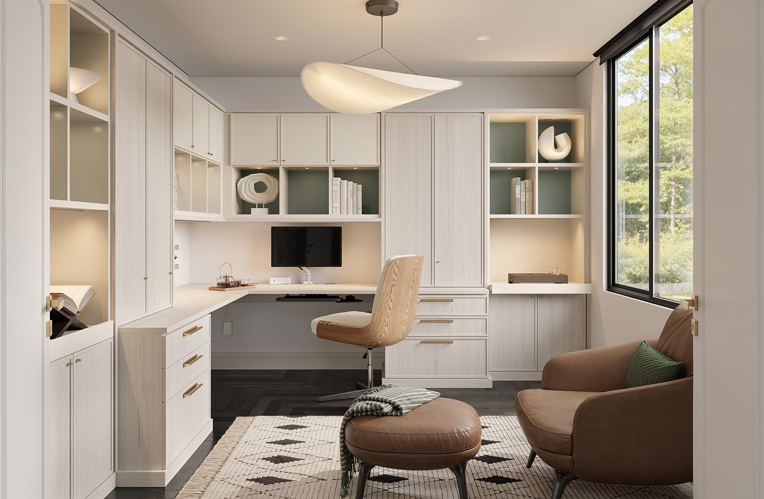 Oficina moderna con armarios personalizados en acabado blanco de California Closets.