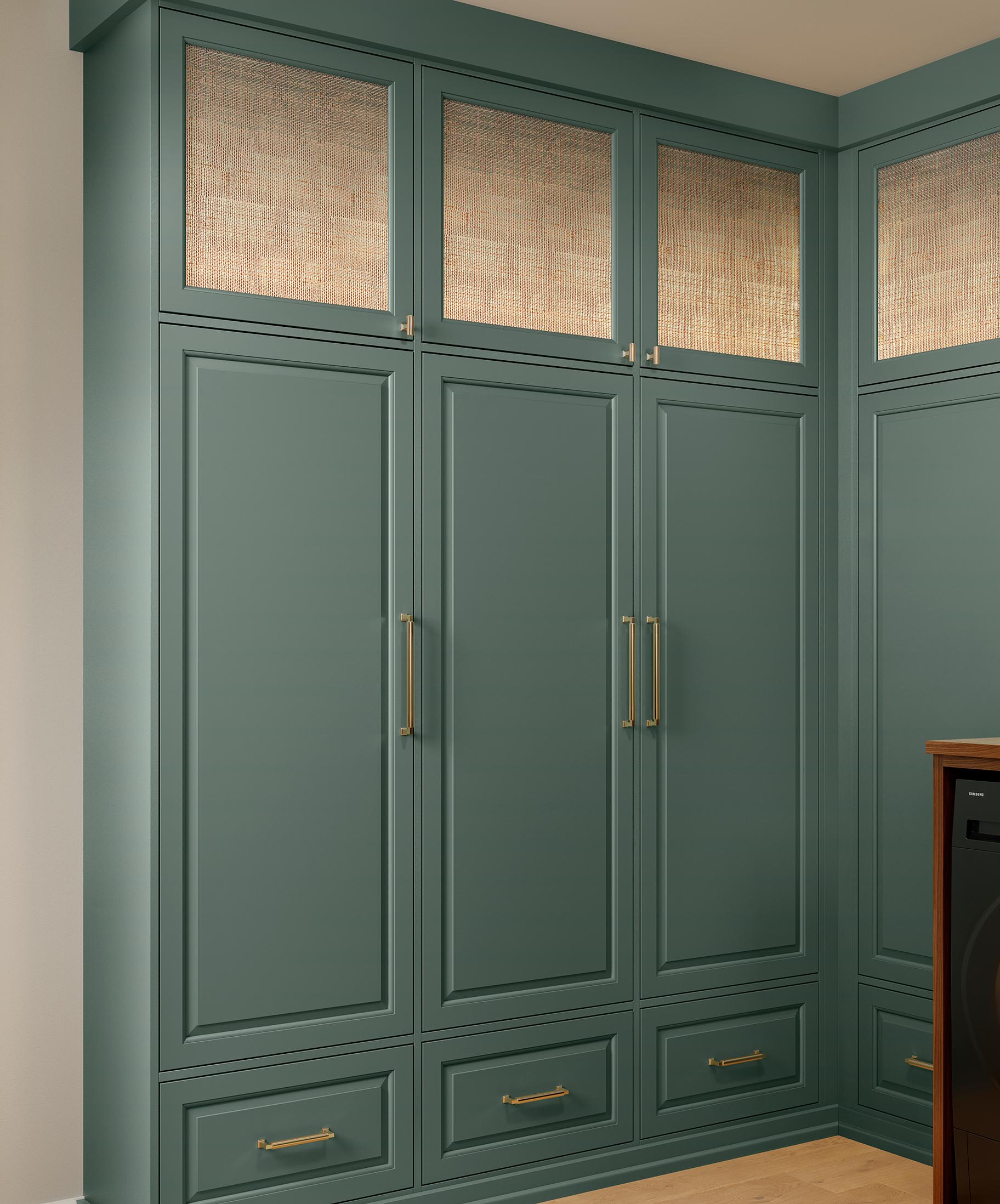 Laundry room cabinets doors and drawers in Desert Agave finish from California Closets