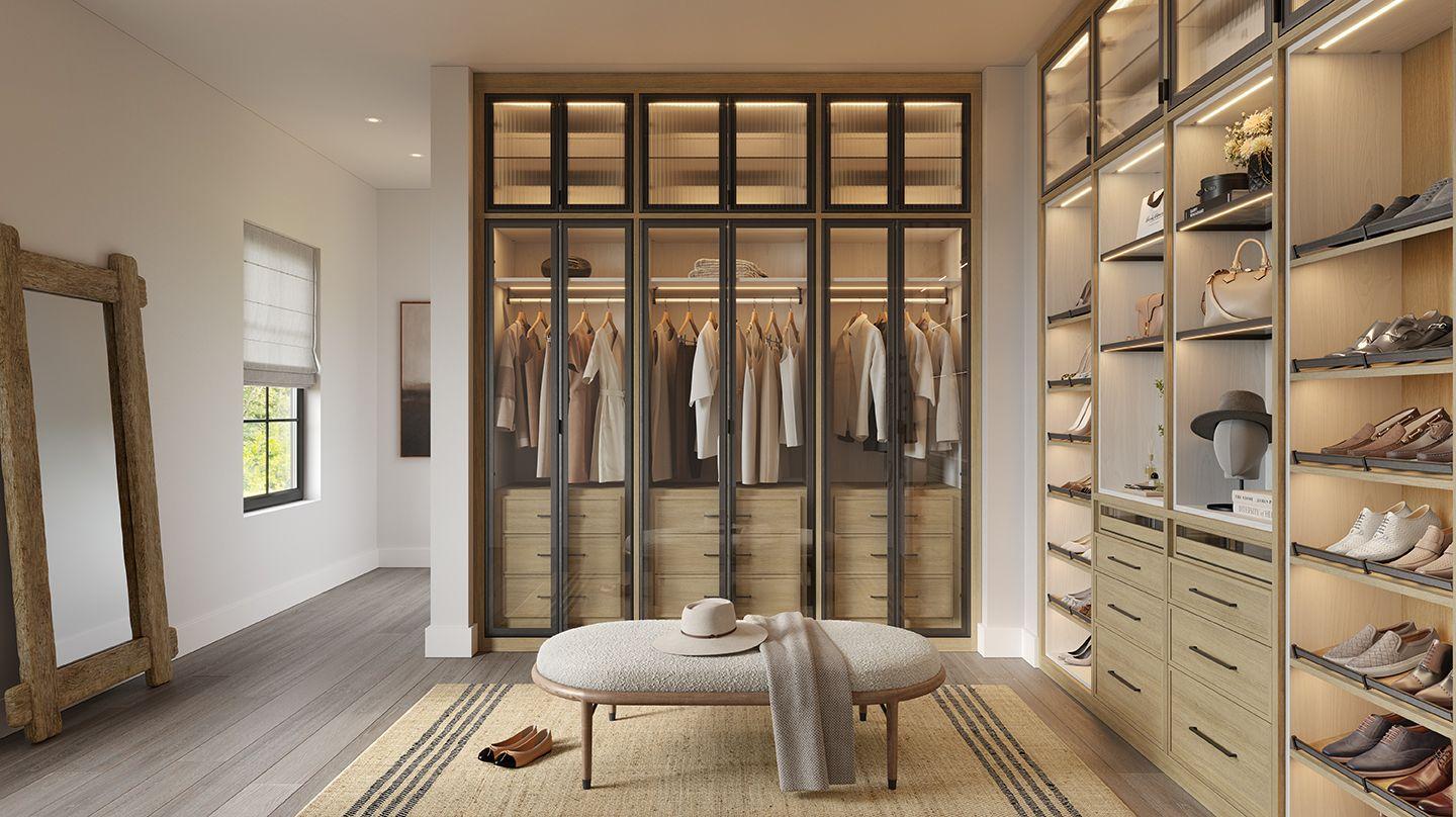 Iluminación LED en las estanterías para zapatos y los armarios del vestidor de California Closets