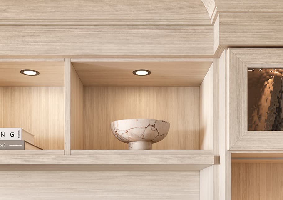 Custom drawer in light grey finish with premium hardware detailing for modern luxury interiors designed by California Closets