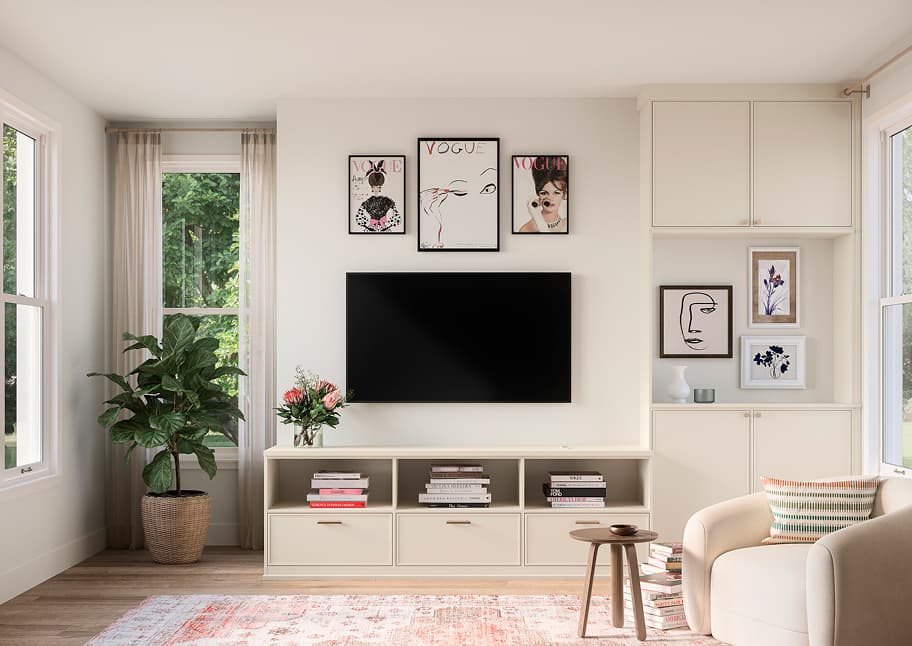 Madison townhome living room custom media and entertainment center cabinets by California Closets. 