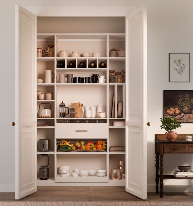 Despensa de cocina accesible con estantes personalizados y compartimentos con acabado de veta de madera blanca de California Closets