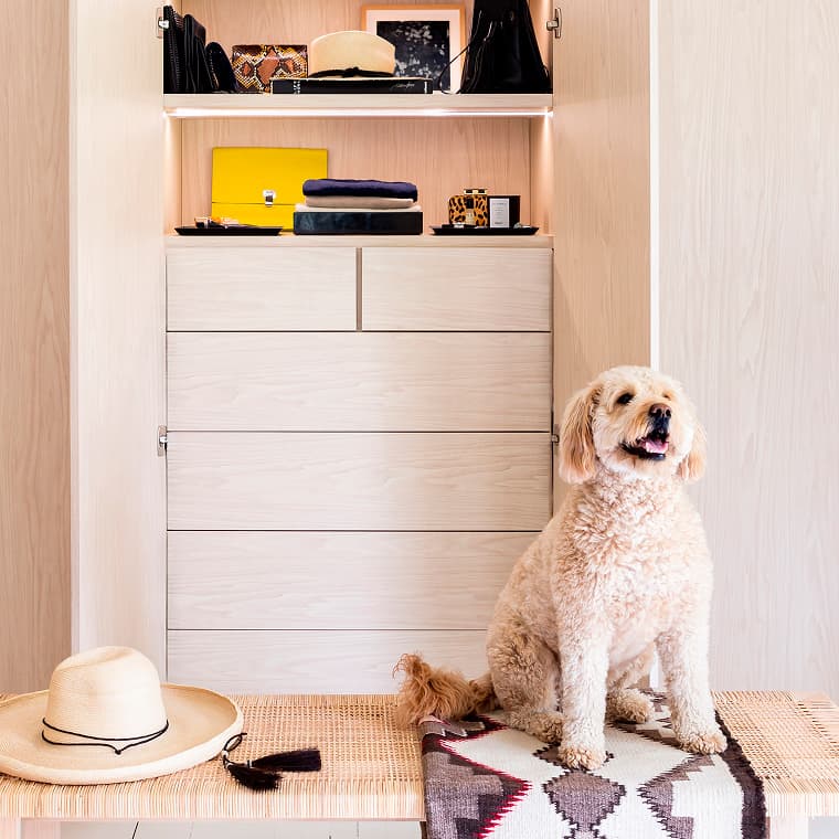 Accessory storage built into the wall with drawers and shelving designed by California Closets