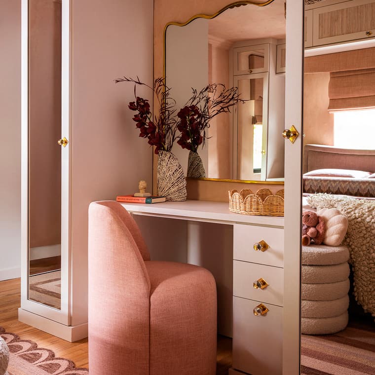 Vanity organization project featuring custom built-in storage with mirrors by California Closets