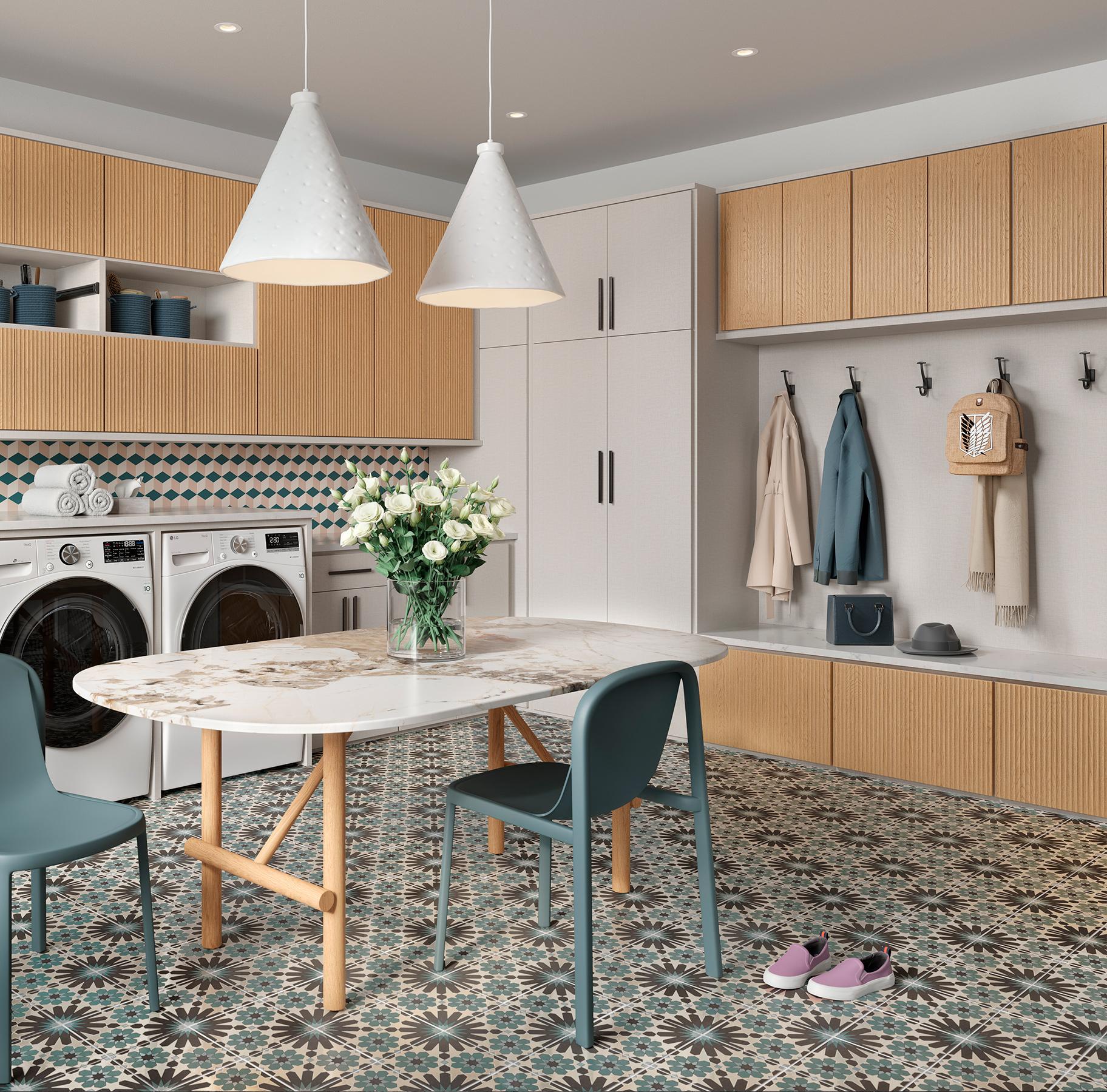 Large laundry room design ideas with built in bench with storage by California Closets