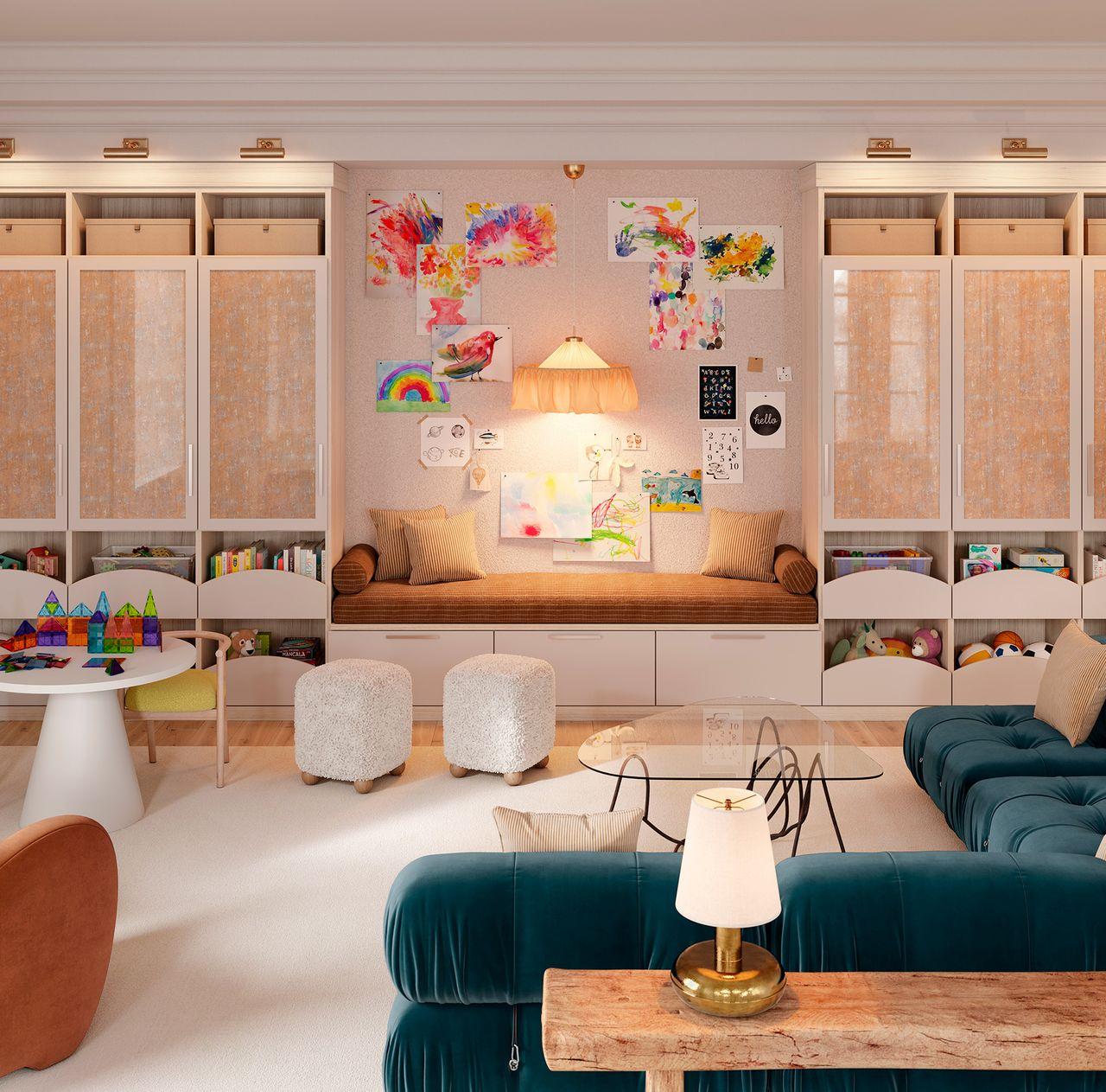 Customized living area designed with family and playroom storage by California Closets
