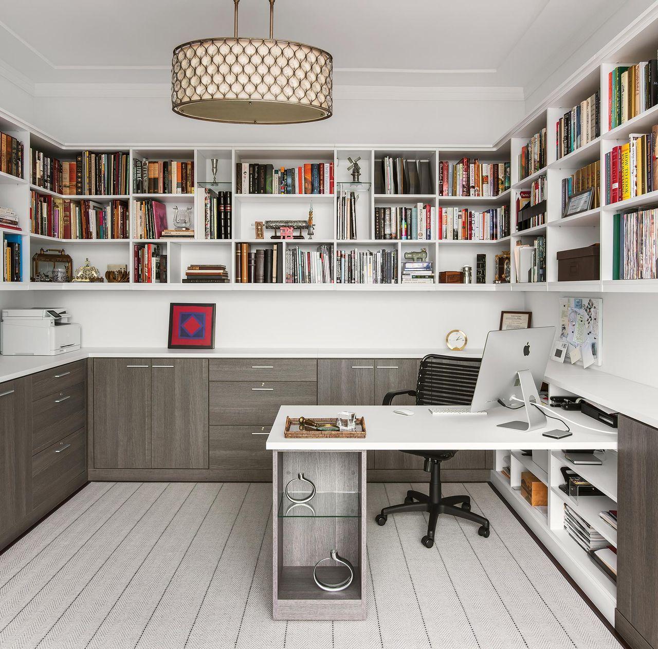 Natural finish with white finish, wrap desk, custom shelves and cabinets by California Closets