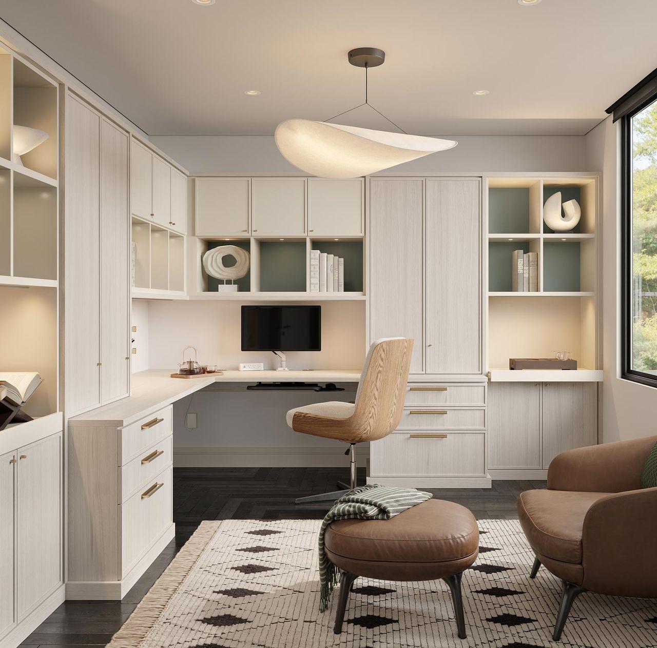 Workspace design with custom cabinets, l-shaped desk and open shelving from California Closets