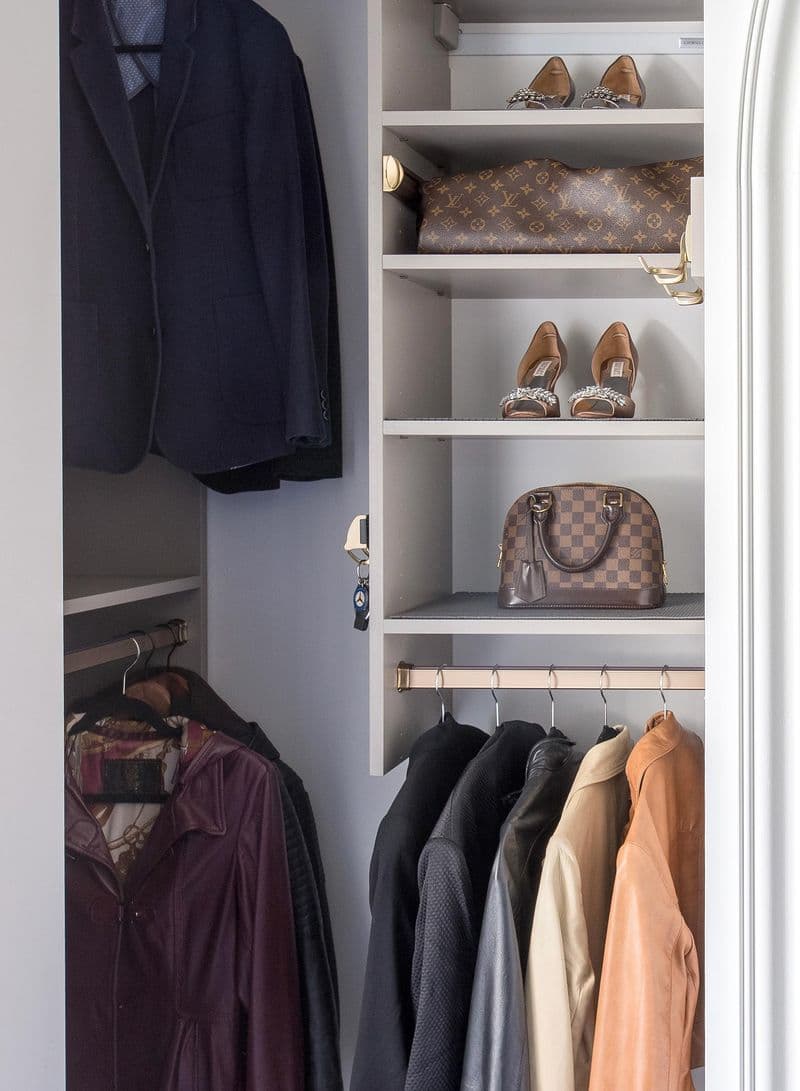 Small closet ideas from hallway with open shelving and coat poles for California Closets