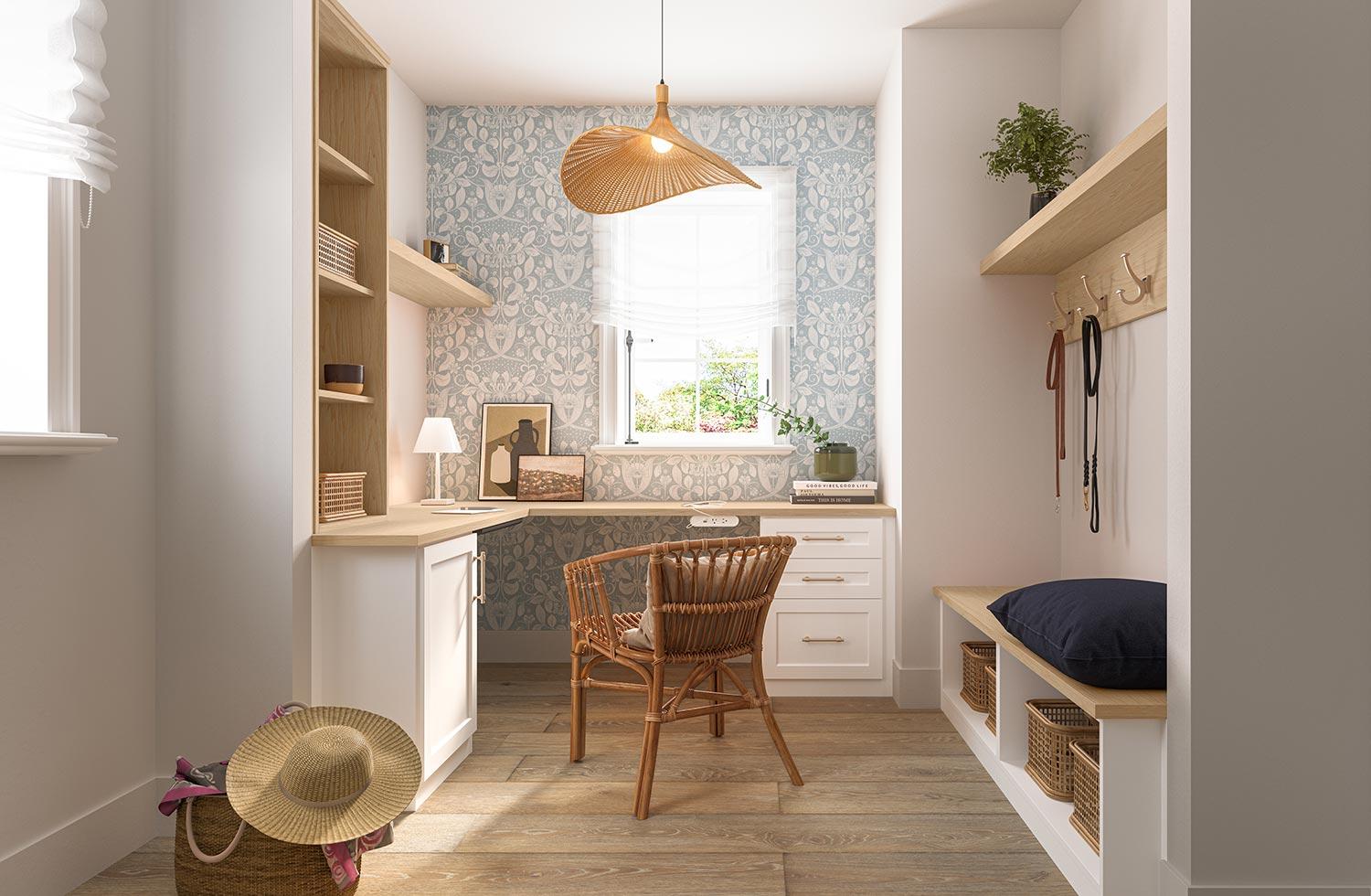 Custom entryway with home office design and built in desk by California Closets